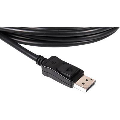 Ein schwarzes DisplayPort-Kabel mit Steckeransicht, geeignet für die Verbindung zwischen Computern und Monitoren.