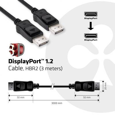 DisplayPort-Kabel, 3 Meter. Zeigt Anschlüsse, Drahtdurchmesser von 7 mm, Gesamtlänge 3000 mm, 50 mm Anschlüsse jeweils an den Enden.