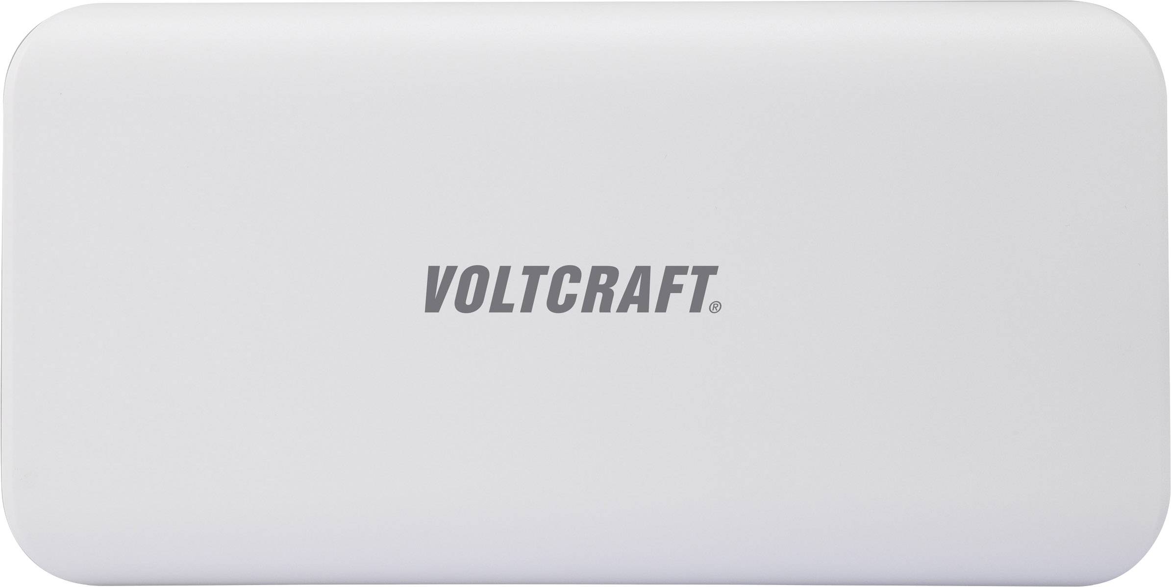 Weiße Powerbank mit dem Logo 'Voltcraft' in der Mitte.