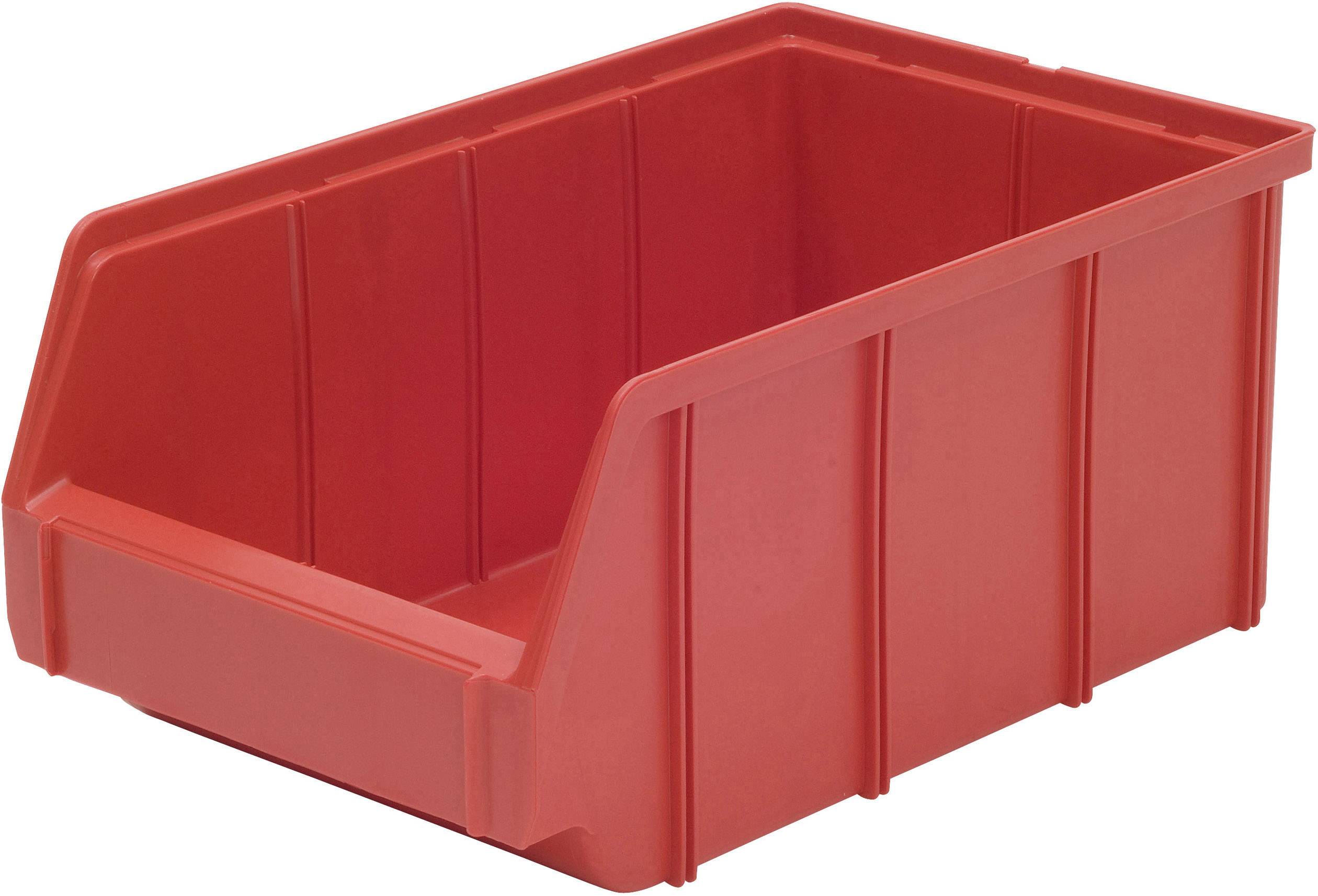 Rote Kunststofflagerbox mit offenem Vorderteil. Ideal zur Aufbewahrung von Kleinteilen in Lager oder Werkstatt.