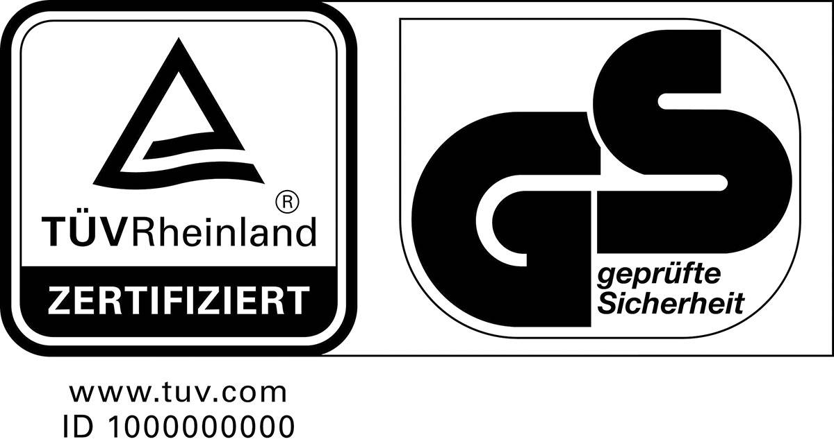'Zertifiziertes TÜV Rheinland-Siegel und GS-geprüfte Sicherheit.'