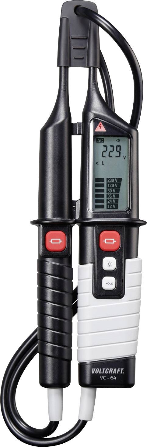 Ein digitaler Spannungsprüfer mit Display zeigt '229V' an. Das Gerät hat zwei Griffe mit Tasten und Kabel für die Spannungserkennung.