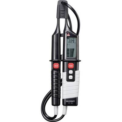 Ein digitaler Spannungsprüfer mit Display zeigt '229V' an. Das Gerät hat zwei Griffe mit Tasten und Kabel für die Spannungserkennung.