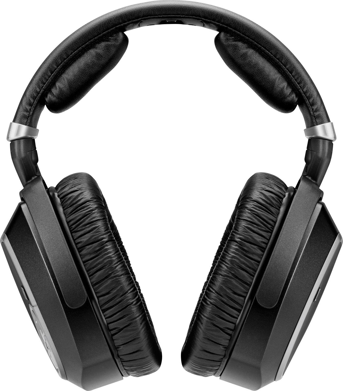 Schwarze Over-Ear-Kopfhörer mit gepolsterten Ohrmuscheln und verstellbarem Kopfband, Vorderansicht, auf weißem Hintergrund.