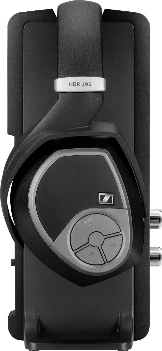 Ein kabelloses Kopfhörerladegerät mit eingelassener Ladestation, schwarzem Gehäuse und Bedienknöpfen an der Vorderseite.