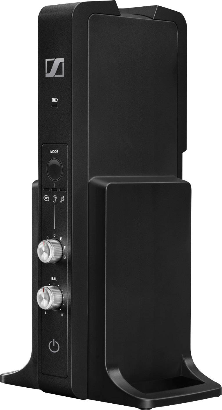 Schwarzer drahtloser Kopfhörerverstärker mit Modus-, Lautstärke- und Balance-Knöpfen an der Vorderseite. Geeignet für Audiogeräte.