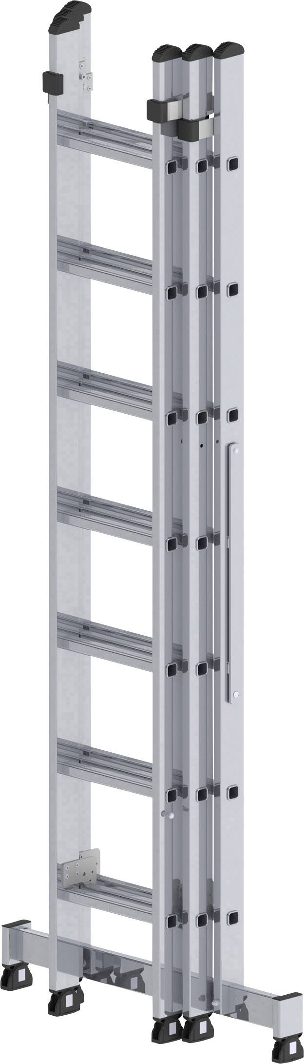 Klappbare, zusammengesetzte Aluminiumleiter mit mehreren Sprossen und stabilen schwarzen Gummifüßen. Ideal für vielseitigen Einsatz.