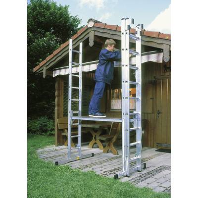 Eine Person steht auf einer Metallleiter, die an einer Hausfassade angelehnt ist, und führt Arbeiten am Dachüberhang durch.