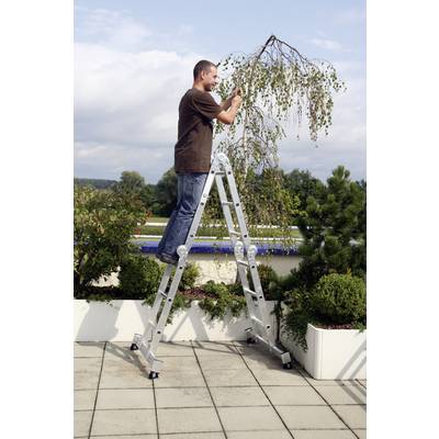 Person steht auf einer Leiter auf einer Terrasse und schneidet Äste eines Baums. Im Hintergrund sind bewölkter Himmel und grüne Landschaft zu sehen.