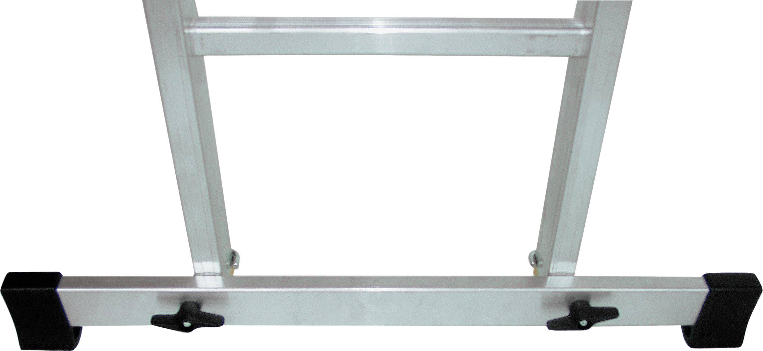 'Aluminiumleiter mit schwarzem Schutz an den Füßen und Befestigungsschrauben.'