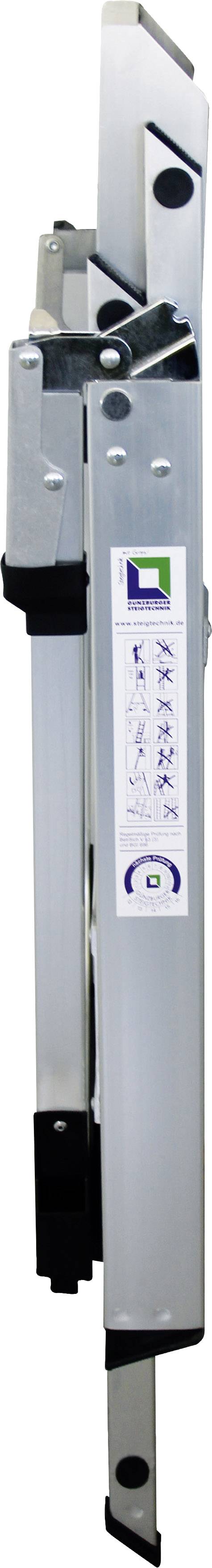 Zusammengeklappte Metallleiter mit mehreren Gelenken und Hebeln, für platzsparende Lagerung und Transport.