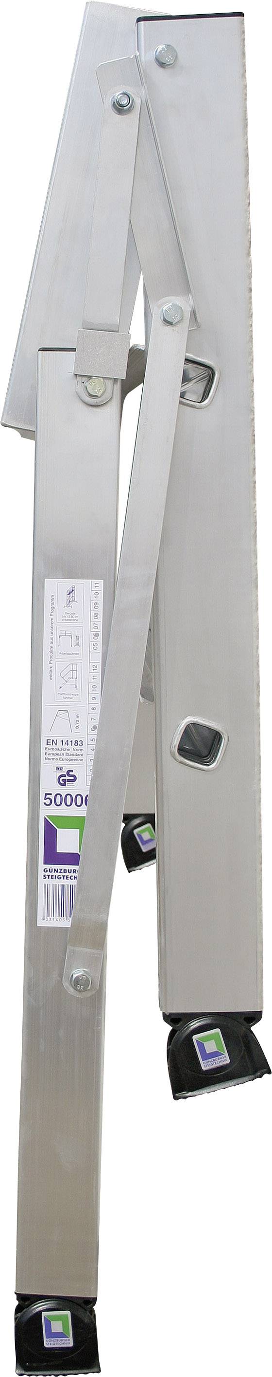 Geklapptes, silberfarbenes Aluminiumleitergestell mit Gummifüßen, geeignet für den industriellen Gebrauch, tragfähig bis 5000 kg.