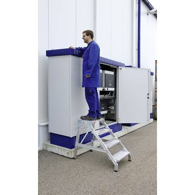 Person steht auf Leiter und arbeitet an geöffnetem Schaltkasten. Er trägt einen blauen Arbeitsanzug. Der Schaltkasten ist an der Wand montiert.