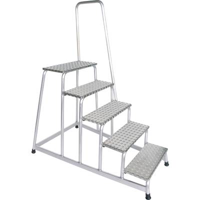 Metalltreppe mit vier Stufen und einem hohen Handlauf, geeignet für den industriellen Gebrauch. Stabil und rutschfest.