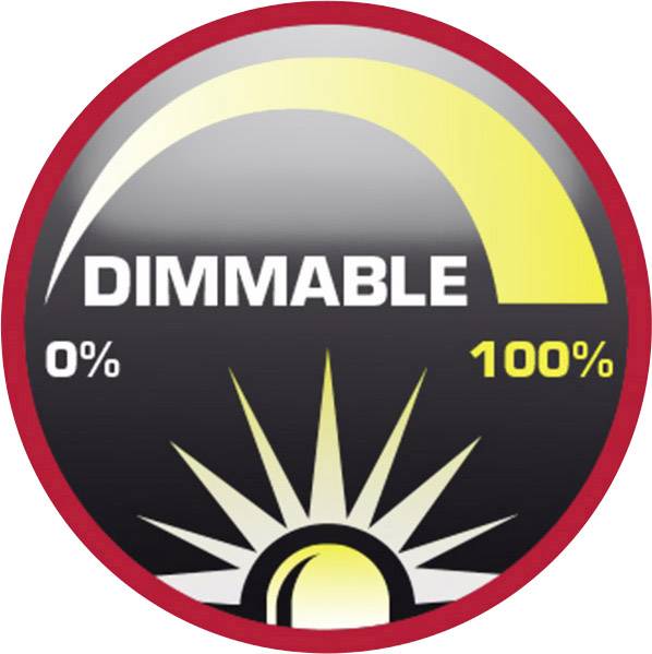 Die Abbildung zeigt ein rundes Label mit der Aufschrift 'DIMMBAR', 0 % bis 100 %, in Schwarz, Weiß und Gelb. Symbolisiert dimmbare Beleuchtung.