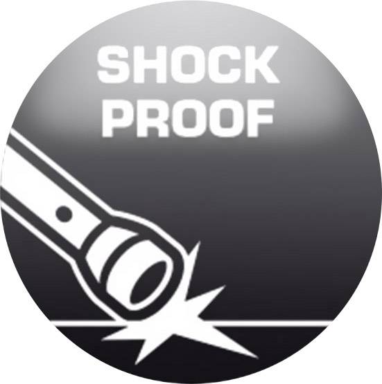 'Shock Proof' Symbol: Eine Taschenlampe prallt ab, mit Text 'Shock Proof', was für stoßfeste Produkteigenschaften steht.