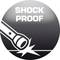 'Shock Proof' Symbol: Eine Taschenlampe prallt ab, mit Text 'Shock Proof', was für stoßfeste Produkteigenschaften steht.