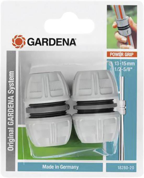 Ein GARDENA-Schlauchverbinder 'Power Grip' für 13-15 mm (1/2-5/8") Schläuche. Verpackung mit Abbildung der Anwendung. Made in Germany.