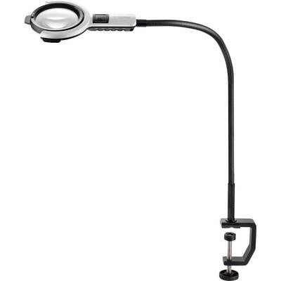 Flexible Tischlupe mit Klemme, schwarzem Arm und verstellbarer Linse, geeignet für präzise Arbeiten oder Lesen von Kleingedrucktem.
