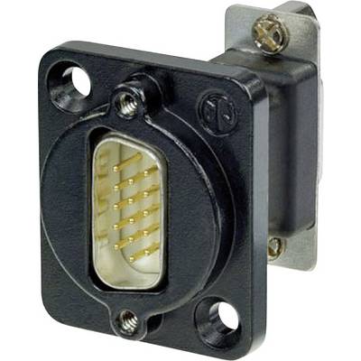 Ein rechteckiger schwarzer Elektrostecker mit goldenen Kontaktstiften und zwei Befestigungslöchern an den oberen Ecken.