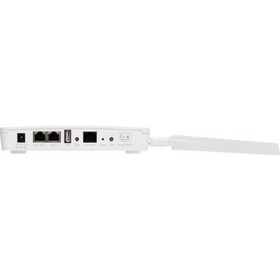 Ein weißer WLAN-Router mit mehreren Anschlüssen und einer Antenne. Anschlüsse für LAN, USB und Strom sind sichtbar.