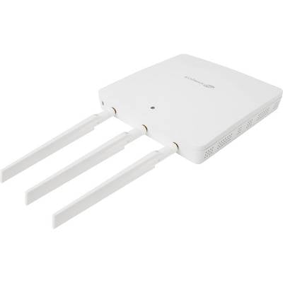 Weißer WLAN-Router mit drei Antennen, auf einer ebenen Oberfläche liegend. Gerät hat ein minimalistisches Design.
