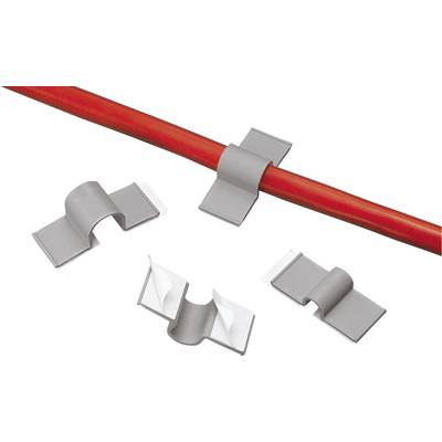 Vier graue Kabelclips halten ein rotes Kabel.