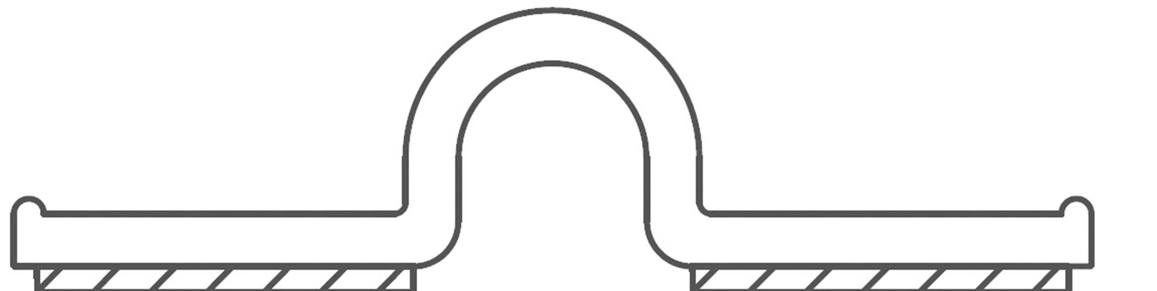 Querschnitt einer Überlaufabdeckung: zeigt eine gewölbte Form, die Öffnungen für Wasserfluss abdeckt.