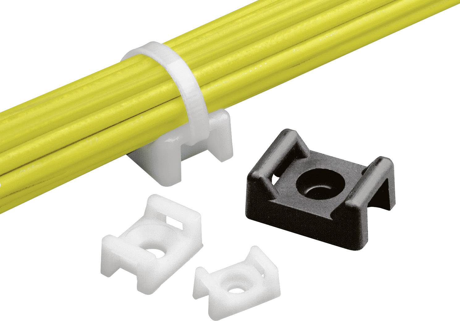 Gelbe Kabel mit weißem Kabelbinder an weißer Halterung fixiert; daneben schwarze und weiße Halterungen auf hellem Hintergrund.