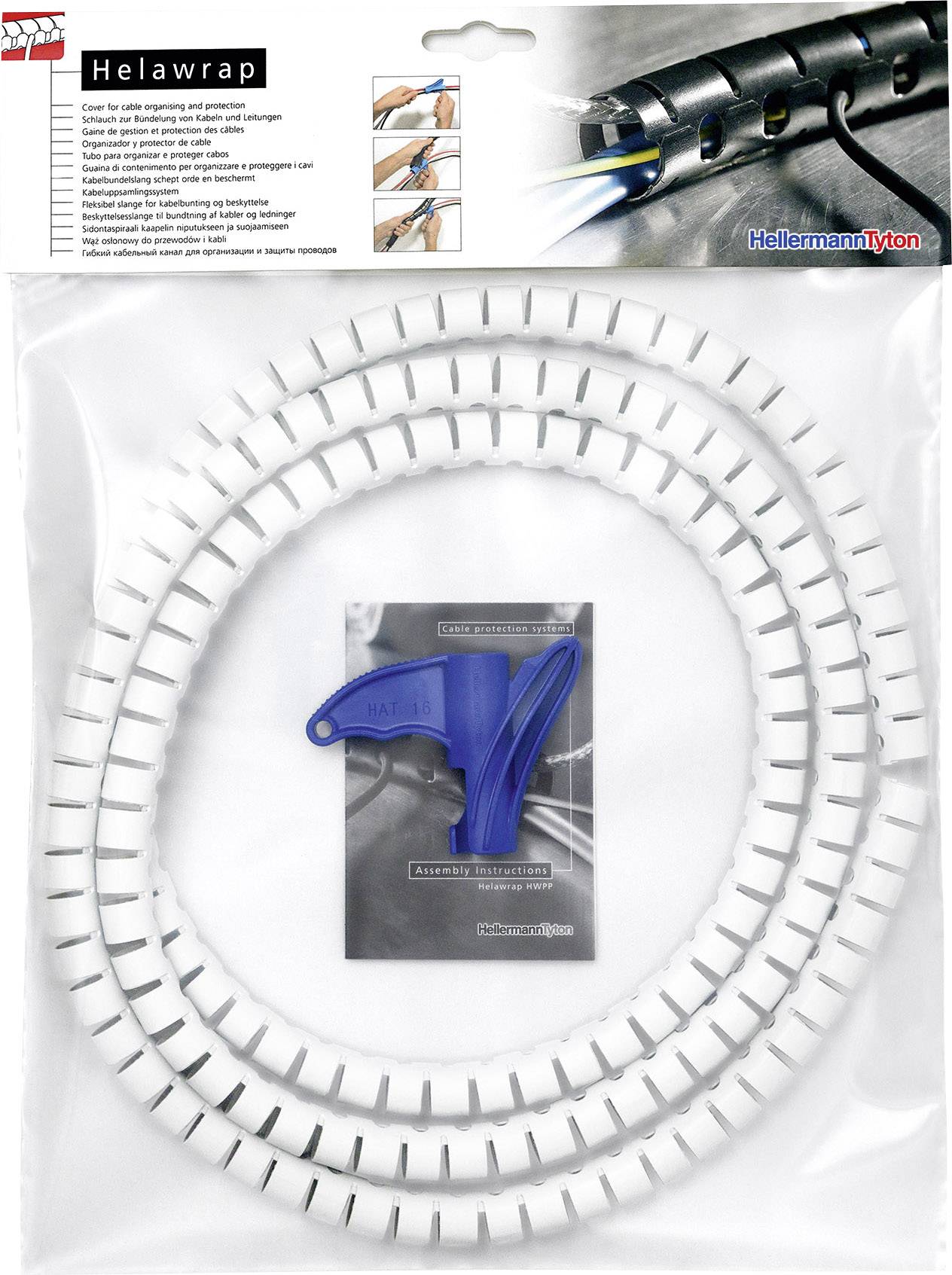 Verpackung eines weißen Kabelschutzes 'Helawrap' mit Einfädelhilfe. Geeignet zur Bündelung und Organisation von Kabeln.