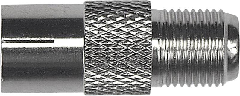 Ein silberner Metalladapter mit geriffelter Oberfläche und Gewinde auf einer Seite.