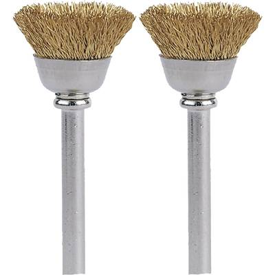 Zwei kleine Rundbürsten mit Metallgriff und Borstenkopf. Geeignet für präzises Schleifen oder Polieren in handgeführten Werkzeugen.