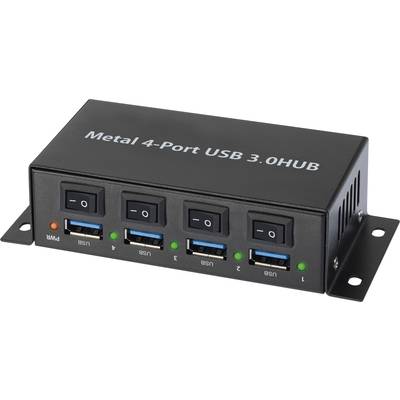 Metallischer 4-Port USB 3.0 Hub mit vier Kippschaltern und vier USB-Anschlüssen, jeweils mit einer grünen LED-Anzeige.