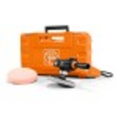 Oranges Werkzeugset mit elektrischem Polierer, Netzkabel, rundem pinkem Polierpad und robustem Kunststoffkoffer.