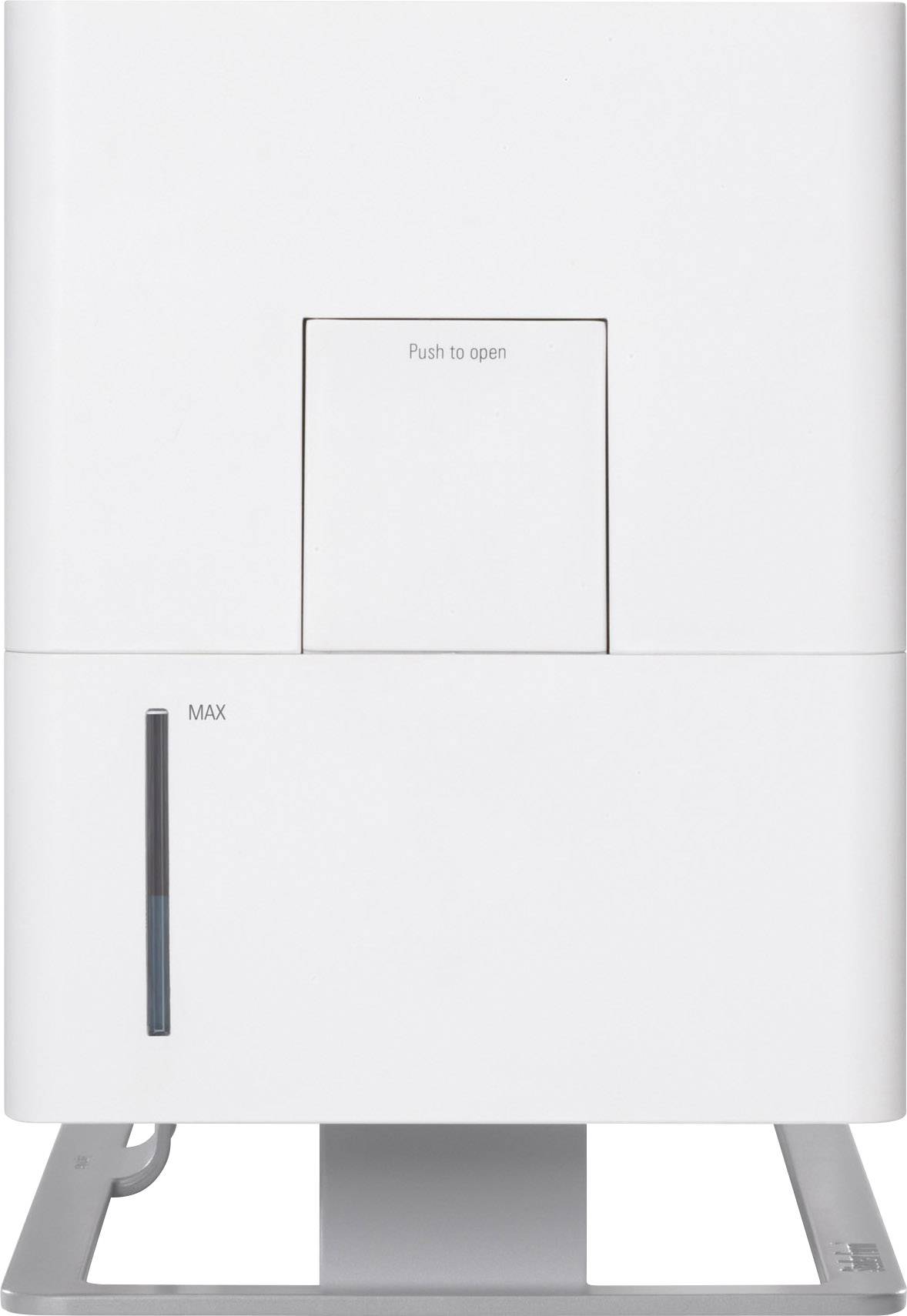 Ein weißer Luftentfeuchter mit Wasserbehälter zeigt eine Füllstandsanzeige.