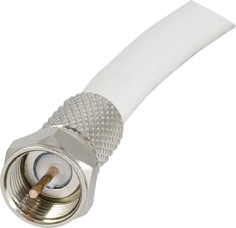 Koaxialkabel mit Metallstecker, geeignet für den Anschluss von Fernsehgeräten und Satellitenempfängern.