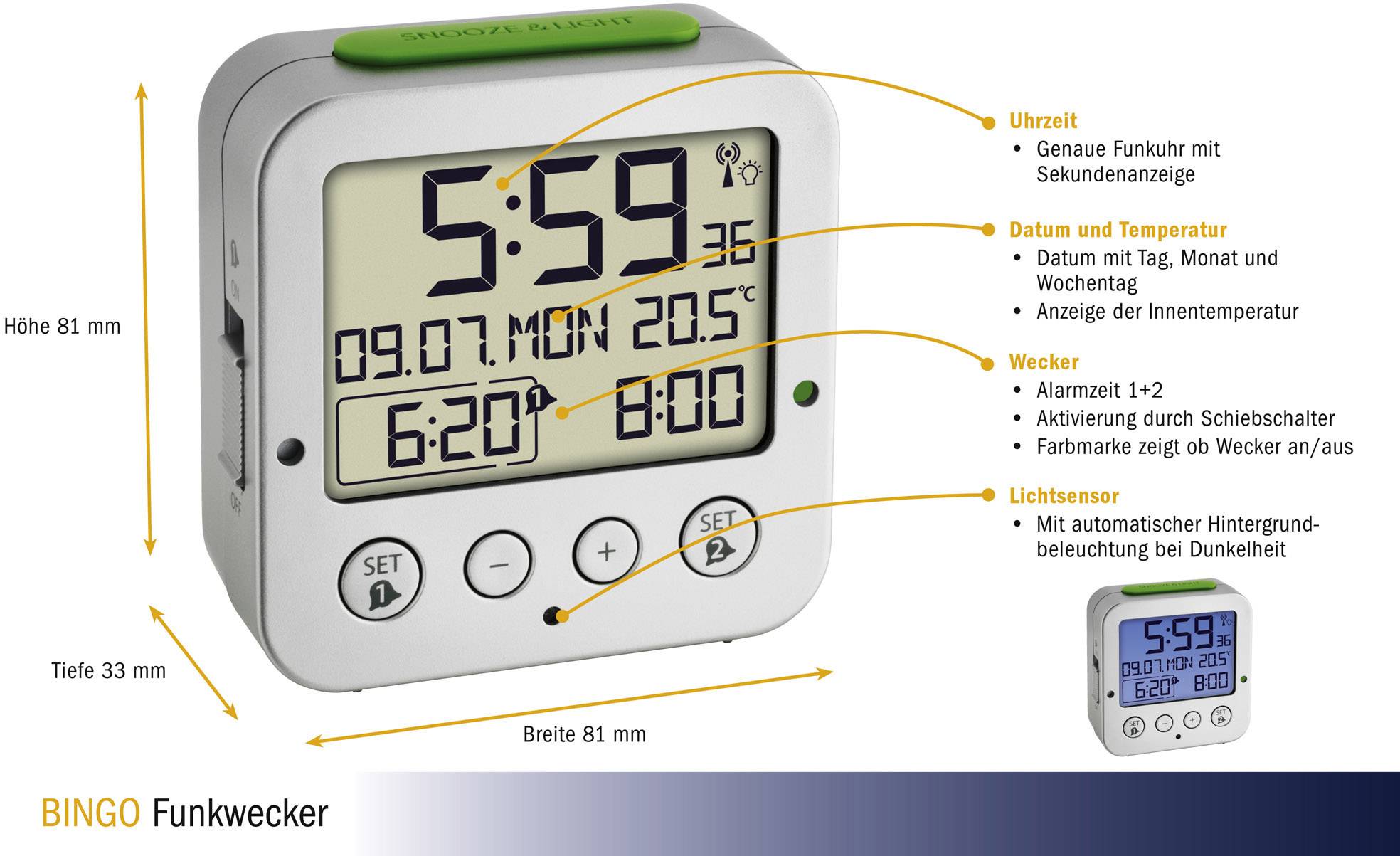 Elektronische Funkuhr mit großem Display, zeigt Uhrzeit, Datum, Temperatur. Funktionen: Wecker, Nachtsensor. Maße: 81x81x33 mm.