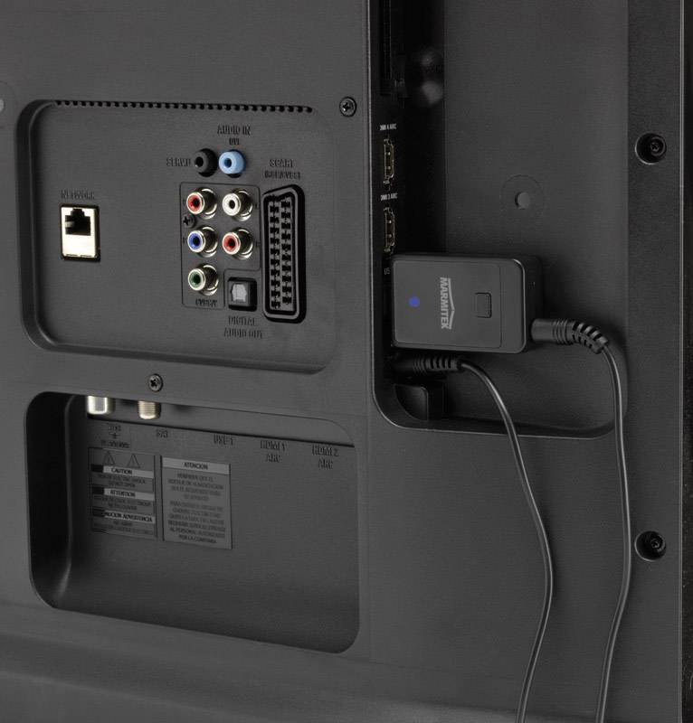 Rückseite eines Fernsehgeräts mit verschiedenen Anschlussmöglichkeiten wie RCA, SCART, HDMI und Ethernet. Ein Gerät ist angeschlossen.