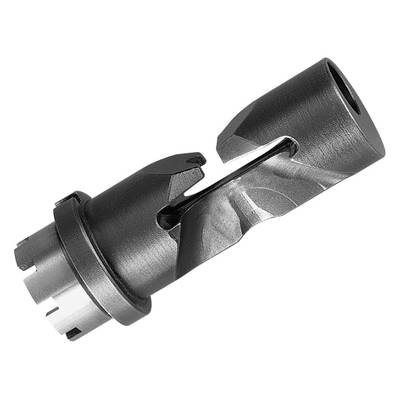 Ein metallisches Maschinenteil mit zylindrischer Form und zentralem Spalt, umgeben von einer gerändelten Kante.