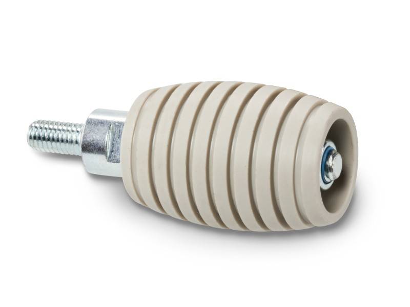 Ein beiger, gerippter Knauf mit Metallschraube, möglicherweise ein Türknopf oder Möbelgriff.