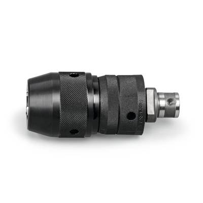 Ein schwarzes, zylindrisches Bohrfutter mit geriffeltem Griff und Metallbasis, liegt horizontal auf einem weißen Hintergrund.