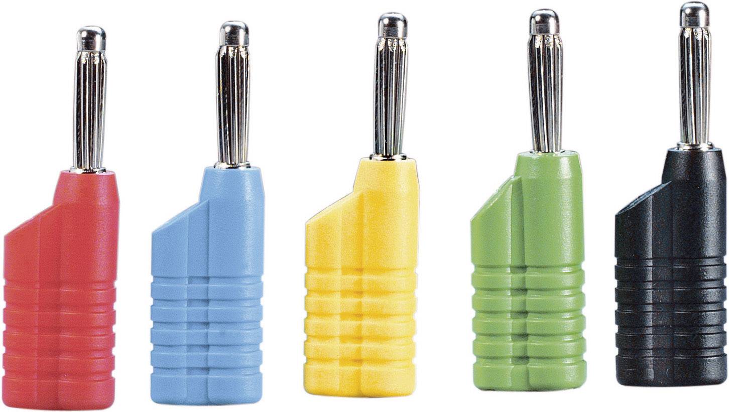 Fünf farbige Aderendhülsen in Rot, Blau, Gelb, Grün und Schwarz, aufrecht nebeneinander angeordnet.