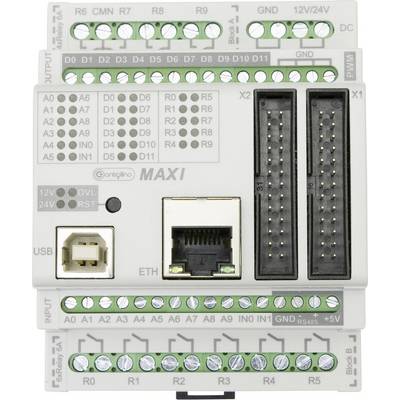 Ein elektronisches Steuergerät mit verschiedenen Ein- und Ausgängen, USB- und Ethernet-Anschluss, beschriftet mit 'MAXI'.