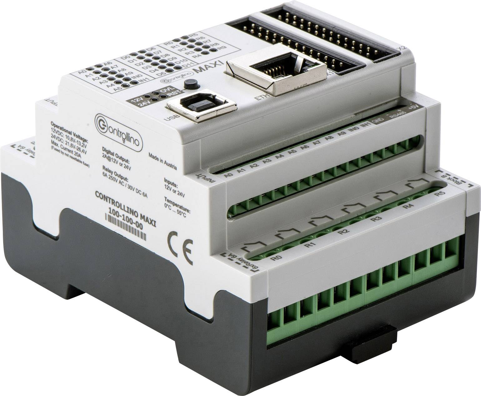 Ein programmierbarer Controller mit mehreren Anschlüssen und Anleitungen auf der Oberfläche, verwendet in Automatisierungsprozessen.