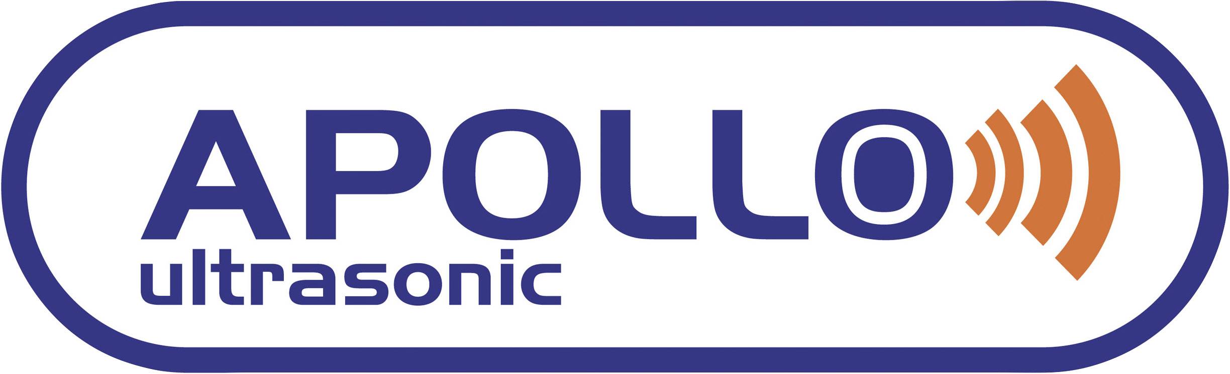 'Apollo ultrasonic'-Logo mit blauen Buchstaben und orangefarbenem Schallwellen-Symbol rechts.