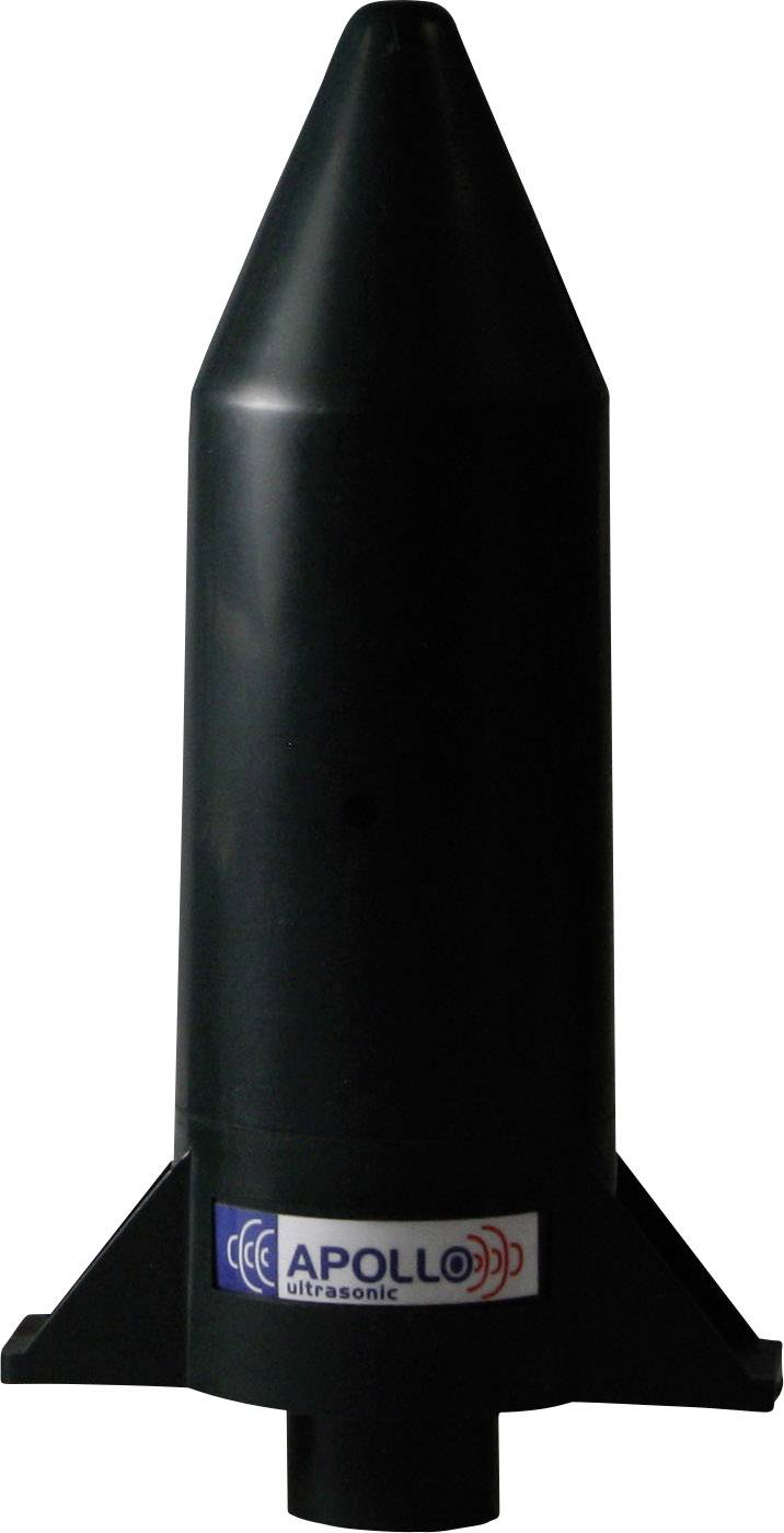 Schwarzer, raketenförmiger Behälter mit 'Apollo Ultrasonic'-Label. Dient vermutlich zur Messung oder als Sensor in technischen Anwendungen.