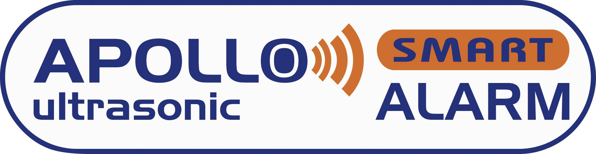 'APOLLO ultrasonic SMART ALARM' Logo in blau und orange mit Schallwellensymbol.