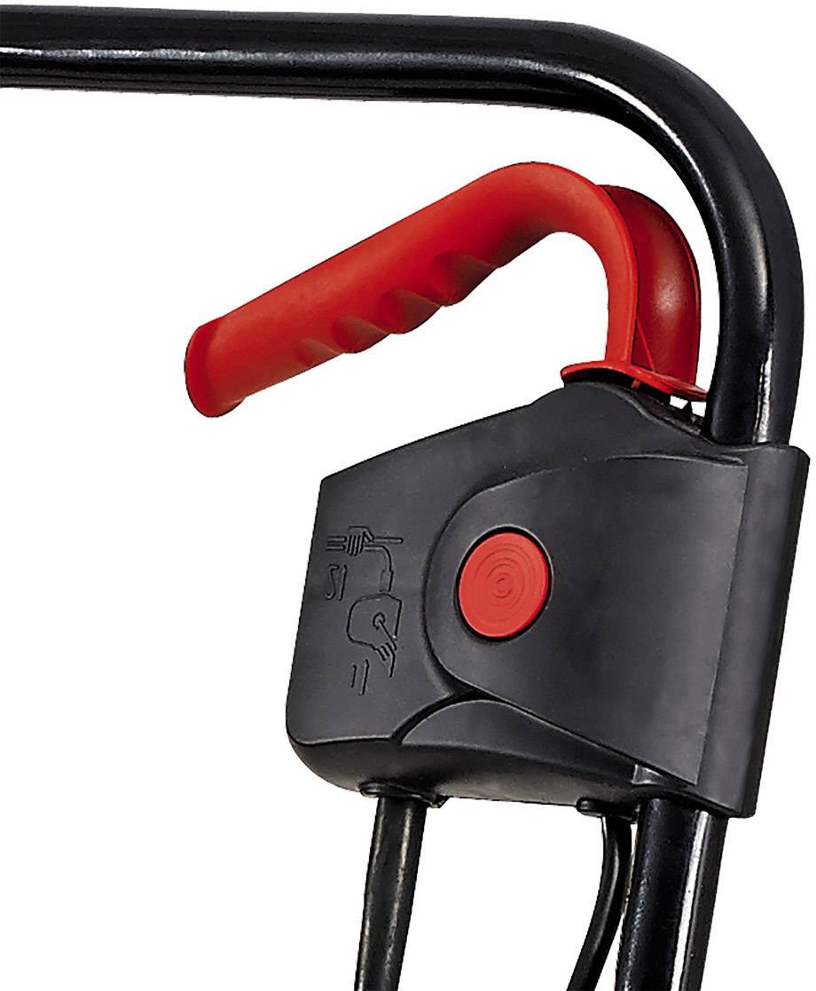 Ein roter Startknopf und ein Sicherheitsgriff an einem schwarzen Handgriff, vermutlich von einem Rasenmäher oder Gartengerät.