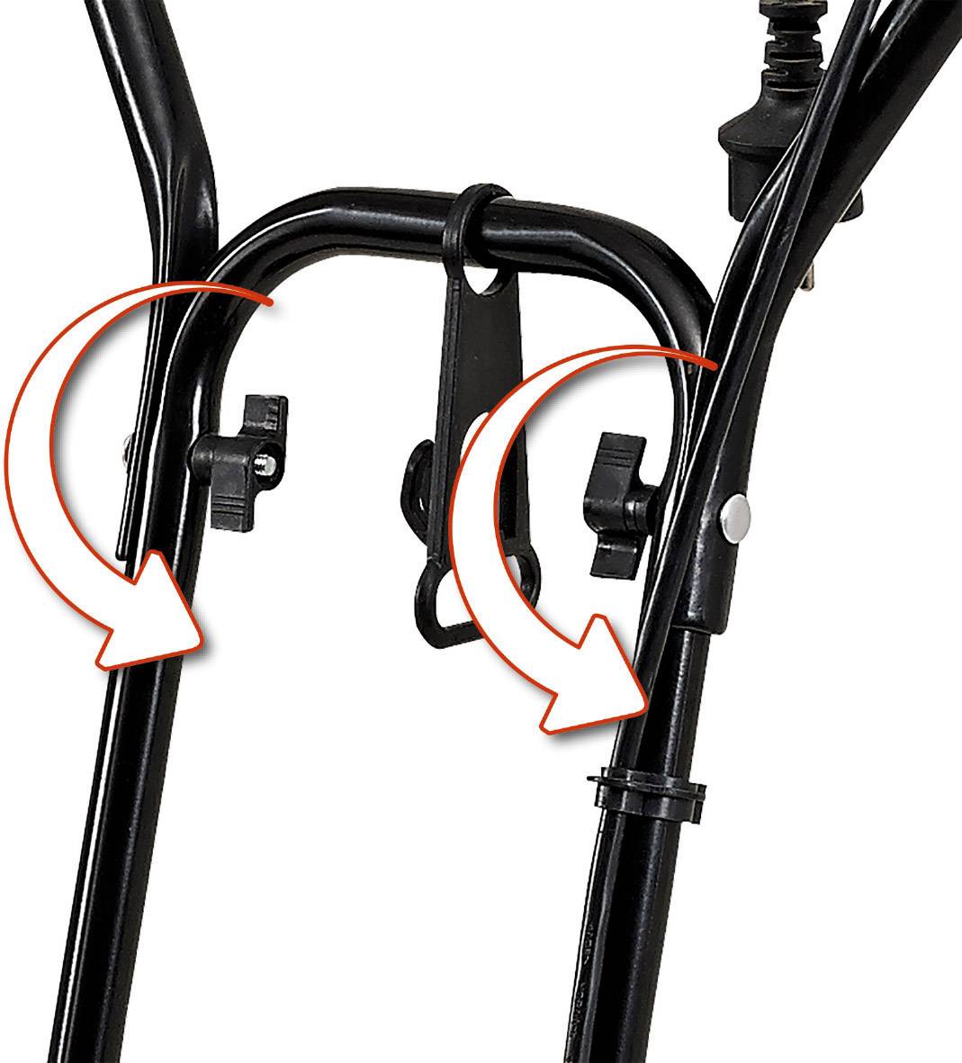 Anleitung zur Einstellung eines Fahrradlenkers: Zwei Schrauben und Pfeile zeigen Dreh- und Anpassungsrichtungen an.