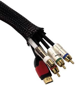 Ein Bündel von fünf verschiedenen Audio- und Videokabeln, darunter ein HDMI-Kabel und mehrere RCA-Stecker, teils farbcodiert.
